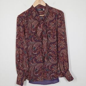 Lauren Ralph Lauren Orange Purple Paisley Georgette Tie Neck Blouse XL Career